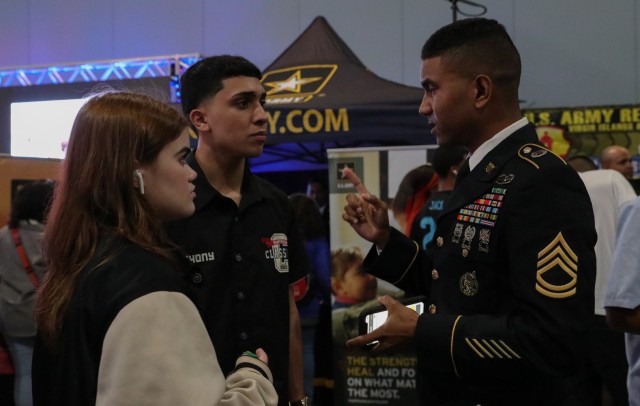 An Army Reserve Soldier speaks to potential recruits about military career opportunities in Puerto Rico.

The Army Reserve recently increased the number of career fields of the Army Civilian Acquired Skills Program. Through the ACASP, civilian recruits are rewarded for their experience with a higher rank and pay.