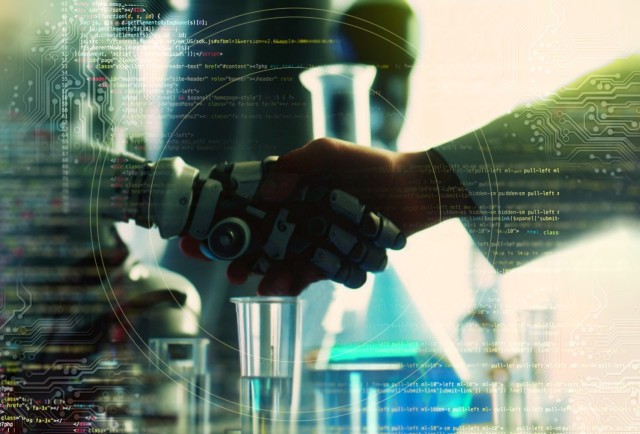 A photo illustration depicts a human shaking hands with a robot. Army Gen. Paul M. Nakasone, commander of U.S. Cyber Command, director of the National Security Agency, and chief of the Central Security Service, announced the creation of a new AI Security Center to oversee the development and integration of artificial intelligence capabilities within U.S. national security systems at the National Press Club in Washington, Sept. 28, 2023.