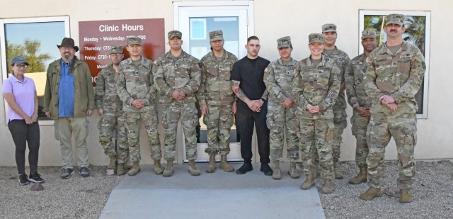 The Yuma Proving Ground Medical Clinic’s Officer in Charge 1st Lt. Stephanie Birge is enjoying working in a small community and clinic. (Left to right) Denise Scheller, Frank Smalls, Sgt. Matthew Romero, Spc. Jason Yang, Spc. Jose Zepeda, Sgt....