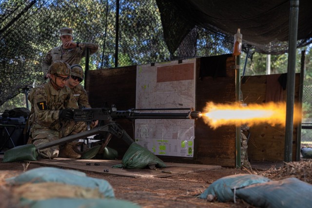 Sgt. Andrew Rodriguez, a native of San Antonio, Texas representing U.S. Army Europe and Africa, fires a M2 .50 Caliber Machine Gun during the 2023 Army Best Squad Competition at Fort Stewart, Georgia, Sept. 29, 2023. During Best Squad Competition, squads complete a fitness assessment, 12-mile foot march, weapons proficiency, hands-on squad tasks, written exam, and essay, and culminate with a board interview with sergeants major from across the Army.