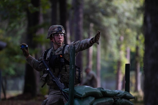Spc. Benjamin Heymach, a native of Bath, Pennsylvania representing the Army Materiel Command, tosses a M67 training hand grenade during the 2023 Army Best Squad Competition at Fort Stewart, Georgia, Sept. 29, 2023. Each squad completes a fitness assessment, 12-mile foot march, weapons proficiency, hands-on Squad tasks, written exam, and essay, and culminates with a board interview with sergeants major from across the Army during the BSC.