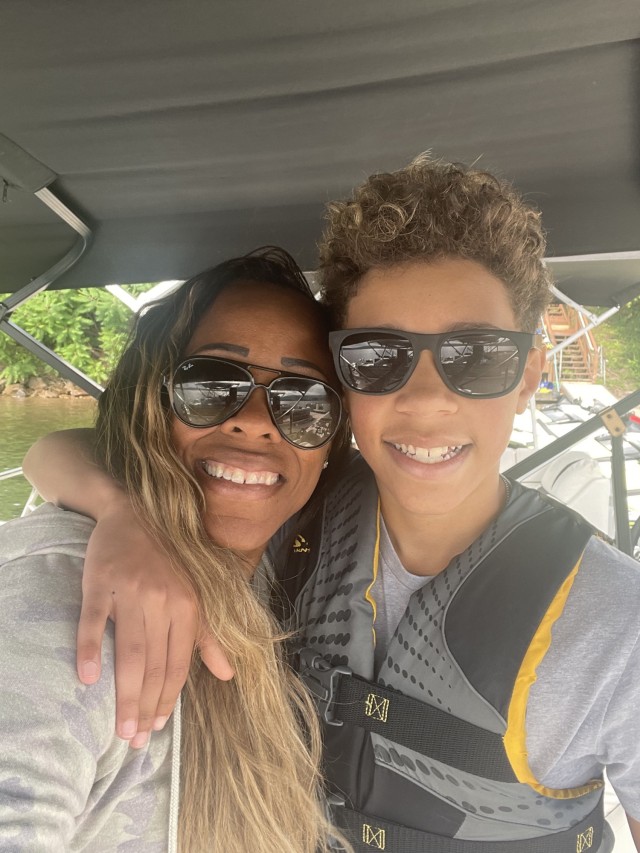 Col. Tasha Lowery, joint base commander, left, and her son, Shawn Lowery, Jr., snap a selfie Aug. 9 during a trip to Deep Creek Lake, Maryland.