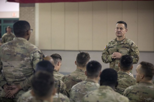 Sergeant Major of the Army Michael R. Weimer speaks to Soldiers representing commands throughout the Army competing in the 2023 Army Best Squad Competition at Hunter Army Airfield, Georgia, Sept. 29, 2023. The teams competing for Best Squad are comprised of Soldiers from various units and military occupational specialties from across the Army.