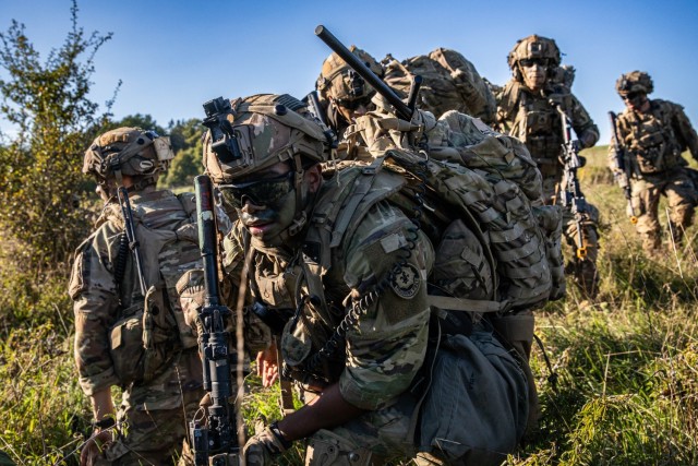 U.S. Army soldiers attached to the 2nd Cavalry Regiment react to contact from opposing forces during Saber Junction at Hohenfels, Germany, Sept 15, 2023. Saber Junction 2023 is an annual exercise designed to increase the 2nd Cavalry Regiment...