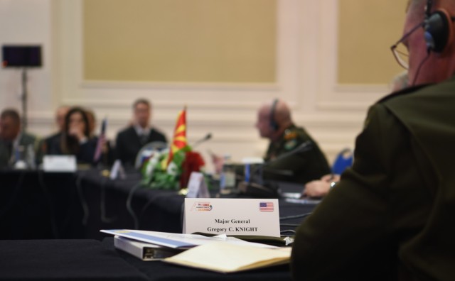 U.S. Army Maj. Gen. Greg Knight, adjutant general, Vermont National Guard, listens to a speaker during the 26th U.S.-Adriatic Charter Chiefs of Defense Conference in Skopje, North Macedonia, Sept. 27, 2023. The conference included Balkan region military leaders, representatives, and their National Guard state partners.