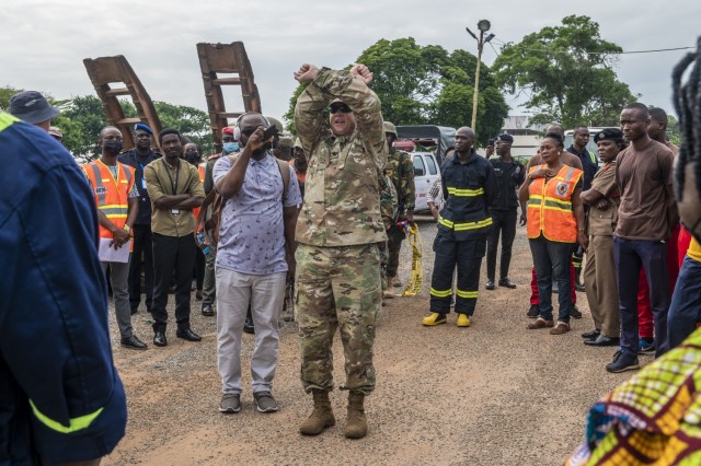 U.S. Army Lt. Col. Mark McEvers, North Dakota National Guard State Partnership Program director, gives a safety brief before the exercise begins, during Lignite Coast 2022 Preparedness Exercise &#34;Shikpon Wosomo&#34;, Accra, Ghana, June 23, 2022. (U.S. Army photo by Sgt. Michaela C.P. Granger)