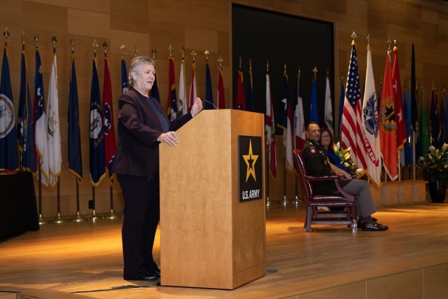 Ms. Marion Whicker, Executive Director to the Commanding General, AMC, delivered opening remarks at the promotion ceremony of Ms. Nicole Osaghae on 4 October 2023.