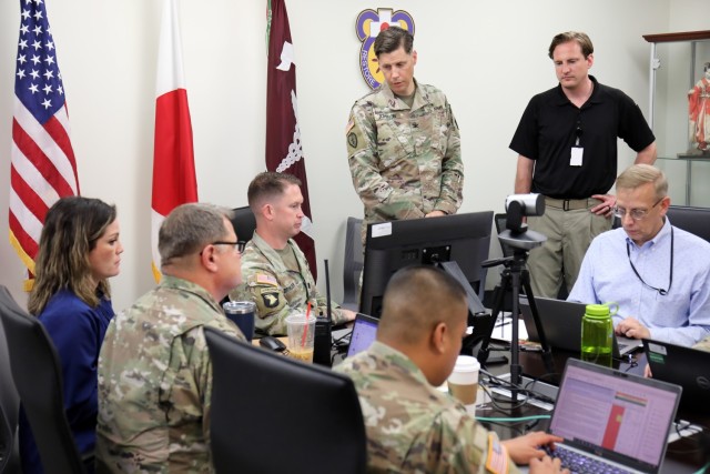 U.S. Army Medical Department Activity–Japan leadership observe activities in an emergency operations center inside the BG Sams U.S. Army Health Clinic during a mass casualty exercise at Camp Zama, Japan, Oct. 5, 2023. (This photo has been...