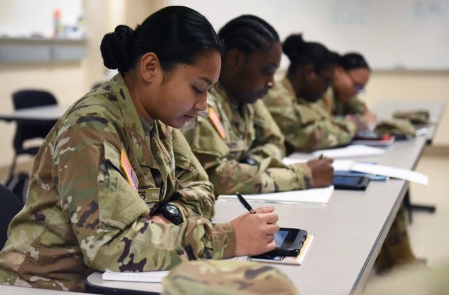 Army recruits in the Academic Skills Development Program at Fort Benning, Georgia, study during the self-paced section of the course, March 31, 2023. The students work for three weeks to improve their arithmetic reasoning, word knowledge, paragraph comprehension and mathematics.