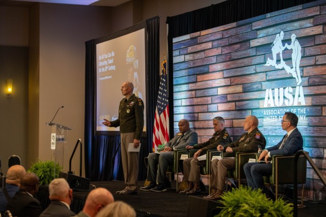 Chief of Staff of the U.S. Army Gen. Randy A. George gives his remarks at Contemporary Military Forum 1, during the AUSA 2023 Annual Meeting and Exposition at the Walter E. Washington Convention Center in Washington, D.C., Oct. 9, 2023.  The topic was:  Be All You Can Be - Attracting Talent for the 21st Century.  