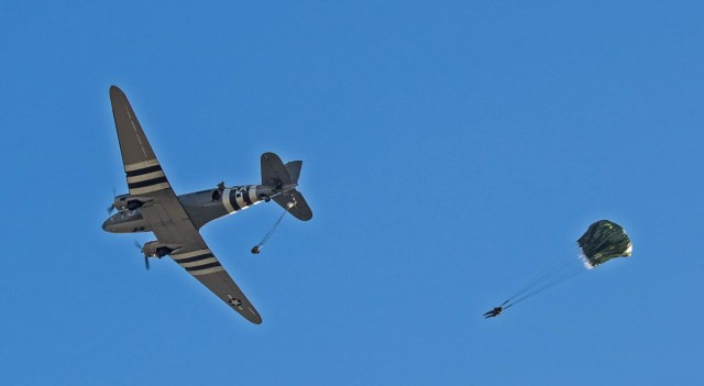 Liberty Jump Team members make a parachute jump from Greatest Generation Aircraft’s C-47 Southern Cross on September 30, 2023 in Corsicana, Texas.