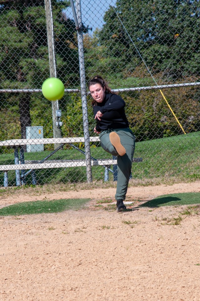 U.S. Army Security Assistance Command G8 and G9 team members at New Cumberland, Pennsylvania, took advantage of the fall weather and their lunch break to enjoy a team-building game of kickball.