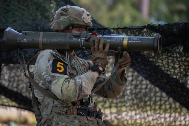 Staff Sgt. James Varley, representing the Army National Guard, prepares to conduct a functions check on the AT-4 anti-armor weapon during the 2023 U.S. Army Best Squad Competition at Fort Stewart, Georgia, Sept. 29, 2023. The Soldiers competing for the Best Squad comprised teams from various units and military occupational specialties from across the Army. Spc. (U.S. Army photo by Spc. Molly Morrow)