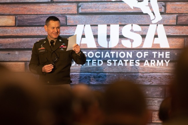 Sgt. Maj. of the Army Michael R. Weimer addresses the audience during the Sergeant Major of the Army initiatives briefing at the Association of the U.S. Army Annual Meeting and Exposition, Washington, D.C., on Oct. 11, 2023.