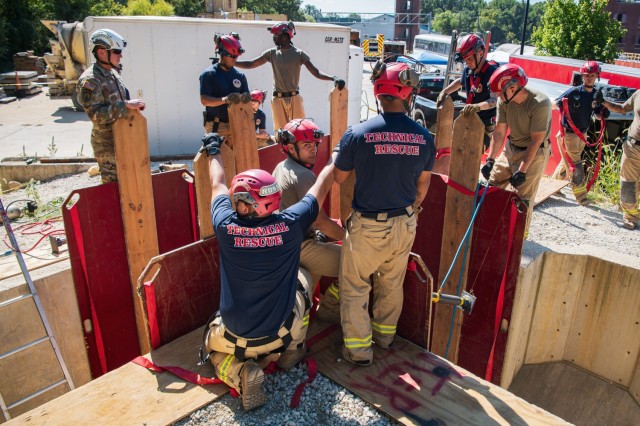 U.S. Army Soldiers assigned to 911th Technical Rescue Engineer Company participate in urban search and rescue training during Exercise Capital Shield 2023 at the Washington D.C. Fire and Emergency Management Services Training Academy in Washington, D.C., Sept. 19, 2023. (U.S. Army photo by Henry Villarama)