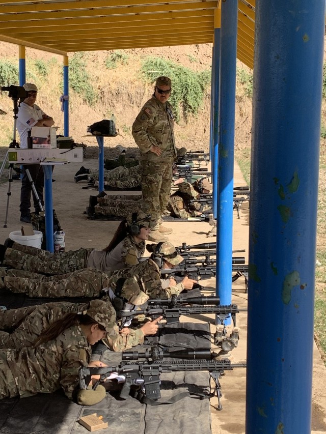Three Virginia National Guard Soldiers participate in a marksmanship exchange with female members of the Tajik National Police Sept. 5-9, 2023, in Dushanbe, Tajikistan. The Virginia Guard and Tajikistan have been partners for 20 years under the Department of Defense National Guard Bureau State Partnership Program.