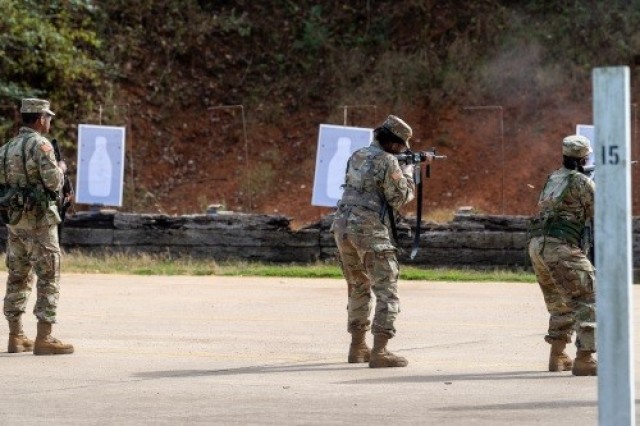 The ROTC cadets hone their shooting skills Thursday at the post shooting range. 