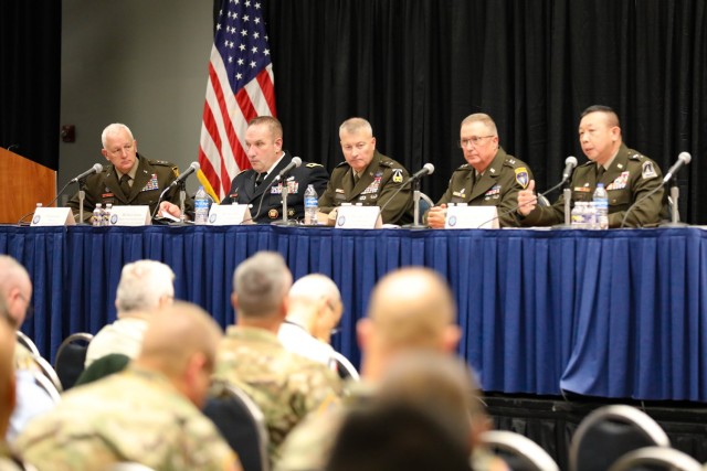 U.S. Army Lt. Gen. Jon Jensen leads a panel discussion with four Army National Guard general officers Oct. 10, 2023, at the AUSA 2023 Annual Meeting and Exposition in Washington, D.C.

