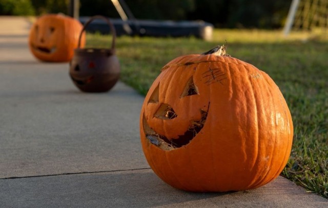 Various jack-o-lantern’s line a sidewalk during base-wide trick-or-treating at Shaw Air Force Base (AFB), South Carolina, Nov. 1, 2019. Many Shaw AFB residents decorated their homes for the celebration. (U.S. Air Force photo by Airman 1st Class...