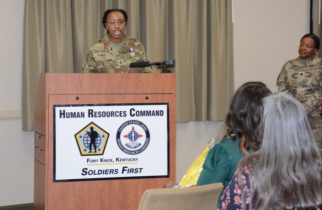Upon receiving the Soldier’s Medal, then Sgt. Aschlynd Spidell-Flores, Enterprise Modernization Directorate, U.S. Army Human Resources Command, addresses the survivor of a fatal car crash that earned her the Soldier’s Medal during an awards ceremony Oct. 20 at Fort Knox, Kentucky. Spidell-Flores is noted for heroically intervening after two vehicles collided on Oct. 3, 2022, in Muldraugh, Kentucky. She recalled her initial training and the Army values that kept her focused on saving a life that day.