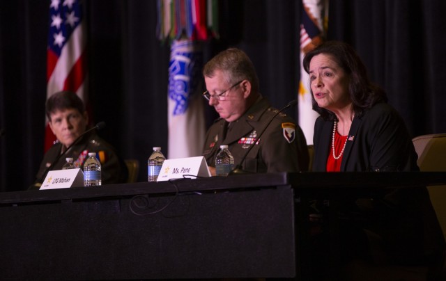 Left, Lt. Gen. Maria Gervais, Training and Doctrine Command deputy commanding general and chief of staff, Lt. Gen. Chris Mohan, Army Materiel Command deputy commanding general, and Dr. Agnes Schaefer, assistant secretary for manpower and reserve...