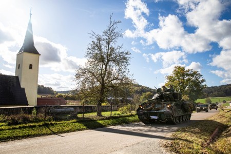 U.S. Army Soldiers, attached to 3rd Infantry Division maneuver a Bradley Fighting and other tactical vehicles on a road march into the Joint Multinational Readiness Center for
Combined Resolve 24-01, near Hohenfels, Germany, Oct. 22, 2023.
