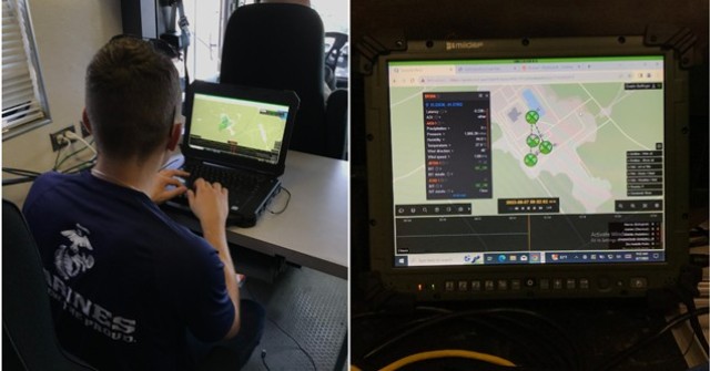 Two images are side by side, one shows a person siting in front of a laptop with a map on screen; the other photo shows a close-up of the screen with a depiction of integrated CBRN sensors on a map. 