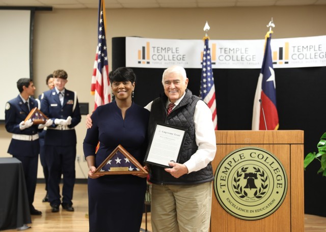 Rep. John R. Carter (TX-31) presents Debbie Nash-King, city of Killeen mayor and former Fort Cavazos Dental Health Activity commander, with the Congressional Veteran Commendation for her life-long commitment to community service Oct. 7, 2023, at Temple College. (U.S. Army photo by Erick Rodriguez, Fort Cavazos Public Affairs)