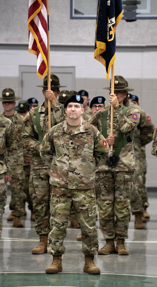 Lt. Col. Thaddeus J. Clark, Task Force Marshall commander, stands in front of the unit formation prior to the unit's color encasing ceremony held on the McCrady Training Center, Oct. 20.