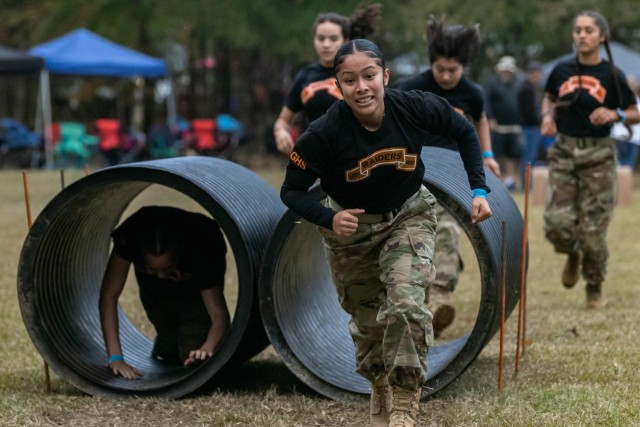 Army JROTC Cadets from Grissom High School compete in the physical team test event November 5 at the 2022 Army JROTC National Raider Championships. This outdoor competition featured all-service and Army JROTC Cadet teams from around the country competing in physically and mentally challenging team events November 3-6 at the Gerald Lawhorn Boy Scout Camp in Molena, Ga. (Photo by Sarah Windmueller, U.S. Army Cadet Command Public Affairs)