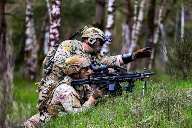 U.S. Soldiers assigned to 1st Squadron, 2nd Cavalry Regiment execute platoon-level maneuver live fire exercises in the Grafenwoehr Training Area April 24-26, 2023. 2CR provides V Corps with a lethal and agile force capable of rapid deployment throughout the European theater in order to assure allies, deter adversaries, and when ordered, defend the NATO alliance. (U.S. Army photo by Spc. Orion Magnuson)
