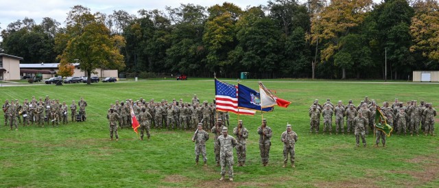 Soldiers stand in formation during the 369th Sustainment Brigade change of command ceremony on Oct 22nd, 2023. During the ceremony, command was passed from Col Seth Morgulas to Col Patrick Clare, and CSM Curtis Moss passed his responsibilities on to CSM Leylan Jones. (New York National Guard photo by SSG Matthew Gunther)