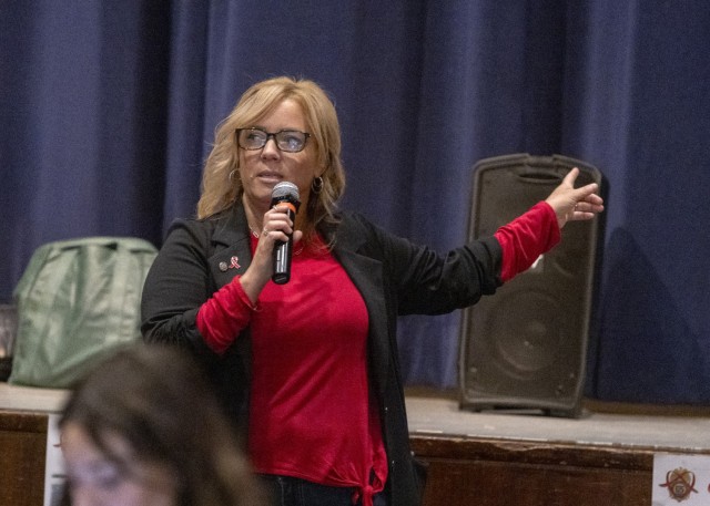 Amy Gopel, Picatinny Arsenal’s Alcohol and Substance Abuse Program Manager and Employee Assistance Program Coordinator speaks at Picatinny Arsenal&#39;s second annual Resiliency Day Fair.