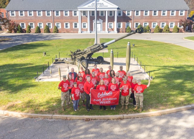 Military and Civilian employees of the Picatinny Arsenal workforce demonstrate their support for the 2023 Red Ribbon Campaign.