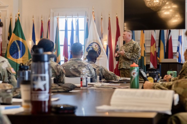 Maj. Gen. Trevor Bredenkamp, commanding general of Joint Task Force - National Capital Region and U.S. Army Military District of Washington, addresses Soldiers during the MDW Company Commander/First Sergeant Pre-Command Course at Fort McNair, Washington, D.C., Oct. 23, 2023. The course is designed to mentor and coach leaders before they take command of company-sized elements within the NCR.