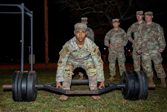 Sgt. Daeshawn Duffie, a military police Soldier assigned to the 16th Military Police Brigade, performs the deadlift for the Army Combat Fitness Test at Fort Liberty, N.C., Oct. 16, 2023. This was during the brigade's Best Squad competition.