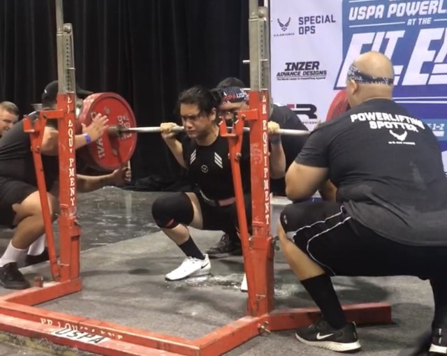 Joelle Pamplona competes is a California state powerlifting competition while in college. Pamplona broke the state squat record in 2018 for his weight class. 