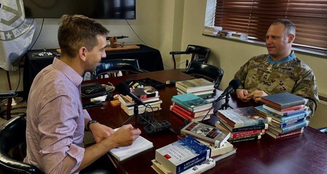 Former host of &#34;The Spear&#34; podcast Timothy Heck interviews Medal of Honor Recipient Master Sgt. Earl Plumlee during a recent episode. The podcast, hosted by the Modern War Institute at the U.S. Military Academy, is one of dozens of podcasts available to Soldiers and all audiences. 