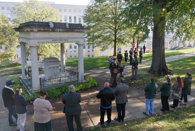 Col. John Kinton, commander of the 194th Engineer Brigade, Tennessee National Guard, represented President Joe Biden and was the keynote speaker during a wreath-laying ceremony at the Tennessee State Capitol Nov. 2, 2023, in honor of President James K. Polk on his 228th birthday.
