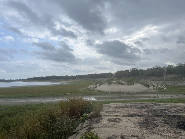 An old bridge along Waco Lake from the 1960s is exposed as a result of the low lake levels.