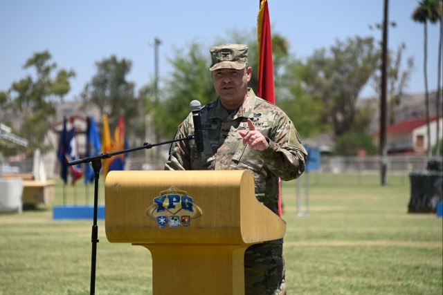 New U.S. Army Yuma Proving Ground Commander Col. John Nelson speaks to assembled guests at the change of command ceremony at Cox Field on June 29, 2023. “I chose Yuma Proving Ground primarily because I wanted to be around people in the test...