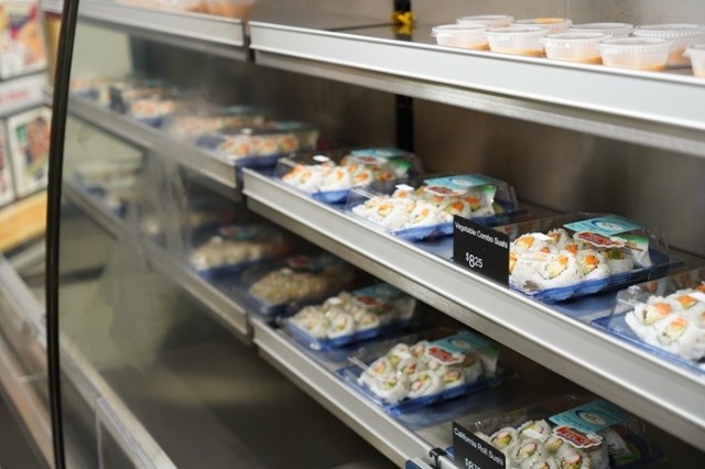 Army food kiosks, like this one recently opened at Fort Story, Va., provide Soldiers with access to fresh food such as sushi during nontraditional facility hours. 