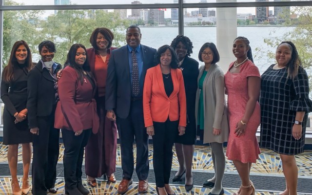 Dr. Eric Moore, U.S. Army Combat Capabilities Development Command, DEVCOM, Deputy to the Commanding General, center, DEVCOM Women of Color STEM awardees and awardee supervisors pose for a group photo Oct. 14, 2023, at the Women of Color STEM Conference in Detroit, Michigan. DEVCOM and its centers promote the advancement of science, technology, engineering and math through collaboration with their education, scientific and technological partners. 