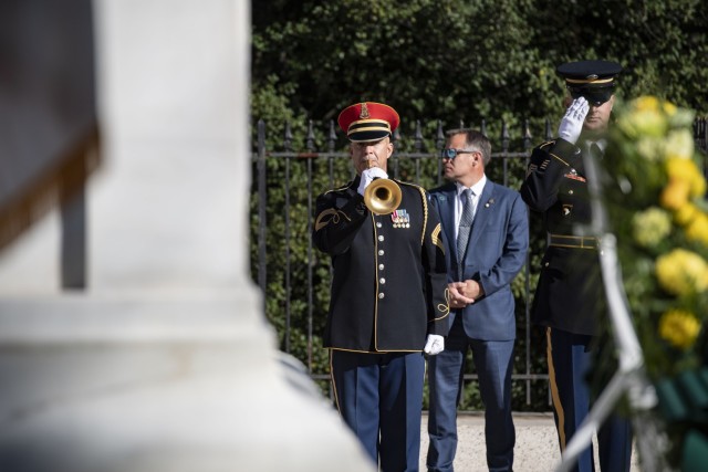 A bugler from the Army Band, “Pershing’s Own”, plays &#34;Taps” during an Armed Forces full honors wreath-laying ceremony at the Tomb of the Unknown Soldier at Arlington National Cemetery, Arlington, Va., Oct. 23, 2023. The wreath was laid by Australian Prime Minister Anthony Albanese.
