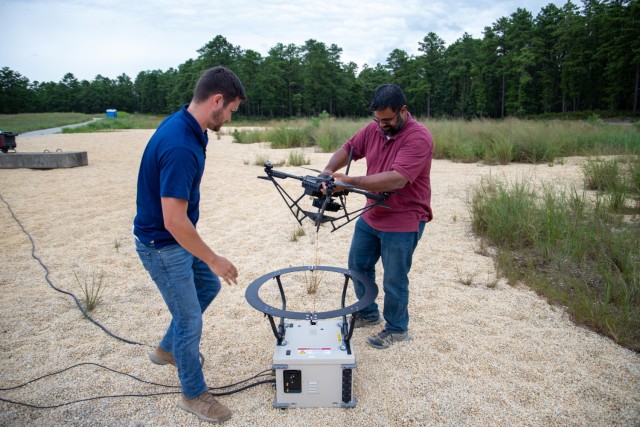 Army DEVCOM C5ISR Center personnel research the Relay for Air NLOS Ground Environments project during Network Modernization Experimentation 23 at Joint Base McGuire-Dix-Lakehurst, N.J., in August 2023.