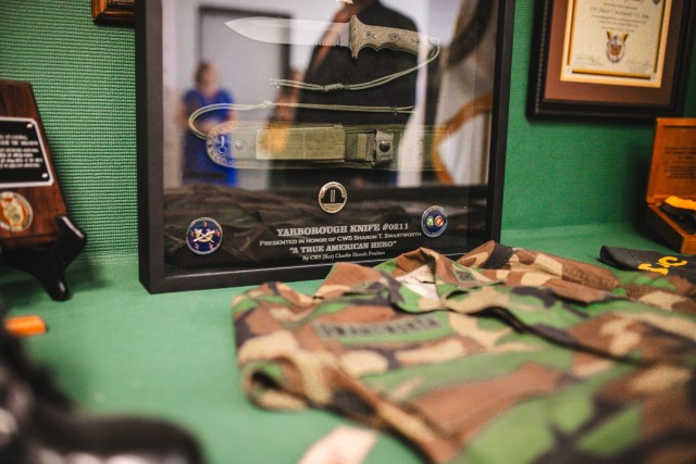 Chief Warrant Officer Five (Retired) Charlie Poulton’s Yarborough knife displayed in Swartworth Hall on Fort Novosel on Nov. 6, 2023.