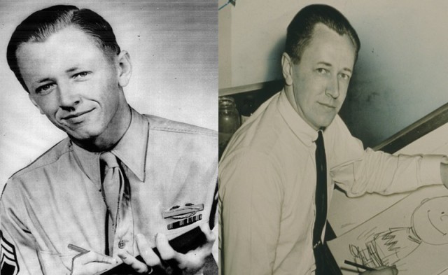 Left: Charles M. Schulz in his Army uniform. Schulz served as a staff sergeant in World War II, assigned to the Eighth Armored Infantry Battalion of the Twentieth Armored Division.

Right: Charles M. Schulz sits at a drafting table with a drawing of Charlie Brown in 1956. Schulz, who served in the Army during World War II, created the comic strip Peanuts, which featured the characters Charlie Brown and Snoopy, among others. 
