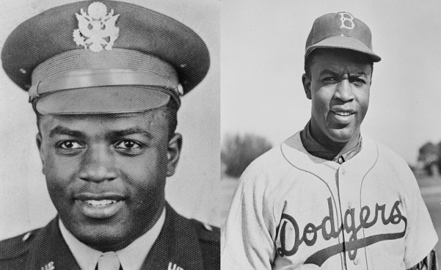 Left: Jackie Robinson poses for a portrait in his Army uniform.

Right: Brooklyn Dodgers baseball player Jackie Robinson in 1950.