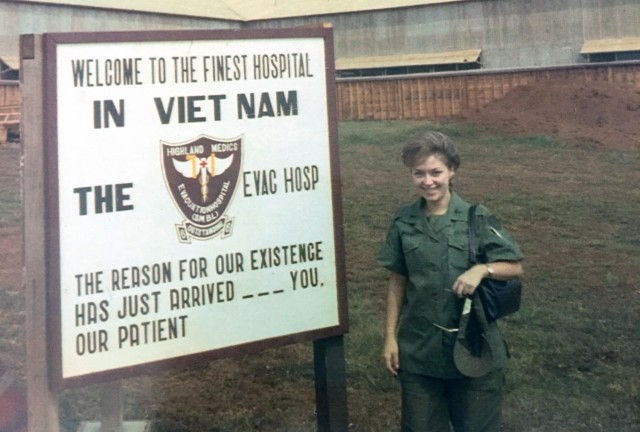 Then-1st Lt. Edie Meeks, poses in front of a Vietnam field hospital during the Vietnam War. Meeks, an Army nurse, was inspired to commission into the Army by her brother who joined the Marine Corps.
