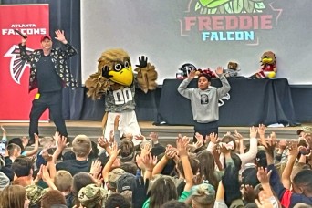 The mascot game was strong on Fort Stewart Nov. 9 when Freddie Falcon flew down from Atlanta to visit with fourth and fifth graders at the Diamond Eleme...